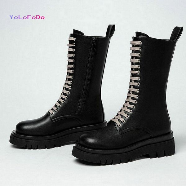 

boots 2021 faux leather women motorcycle platform flat with ankle cross tied ladies plus size 43, Black