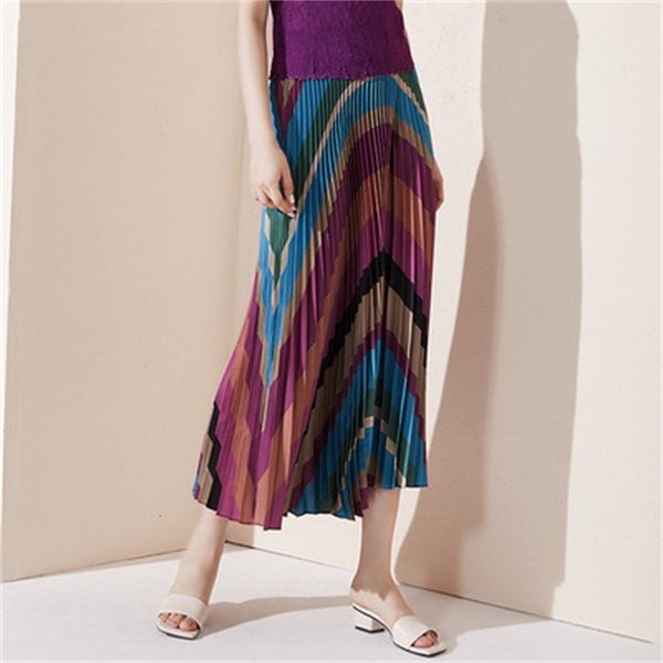 

skirt miyakeretro wild high waist slim print pleated long skirt, Black