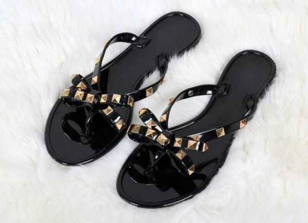 

new 2019 woman summer sandals rivets big bowknot flip flops beach sandalias femininas flat jelly designer sandals no box, Black