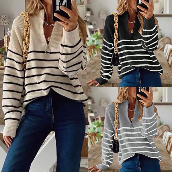 

women's sweaters autumn and winter striped color matching bottom round neck loose zipper open chest pullover knitted sweater, White;black