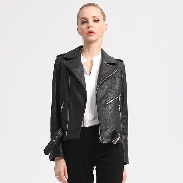 

women's leather & faux shzq spring 2021 small clothes short motorcycle coat rhinoceros print sheep skin slim fit ja, Black