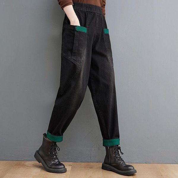 

women's jeans y2k woman high waist denim harem pants loose black streetwear wide patch designs straight leg plus size, Blue