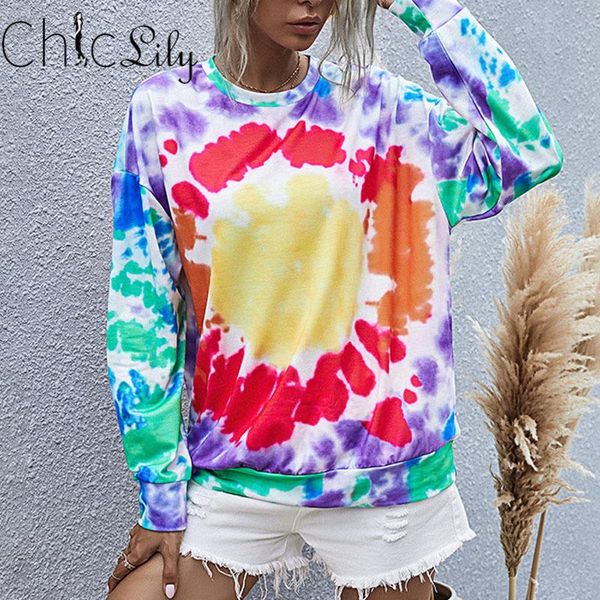 

women's hoodies & sweatshirts chiclily tie-dye printed long sleeve sweatshirt women round neck casual crewneck pullovers, Black