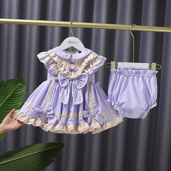 

summer girl princess fairy dress clothes sets ruffles lace bow children baby infants dresses+pp short pants children's clothing, White