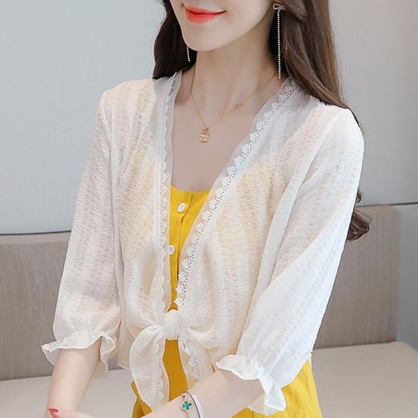 

women's blouses & shirts blusas mujer blouse women 2021 short sleeve white v-neck lace chiffon shirt d359