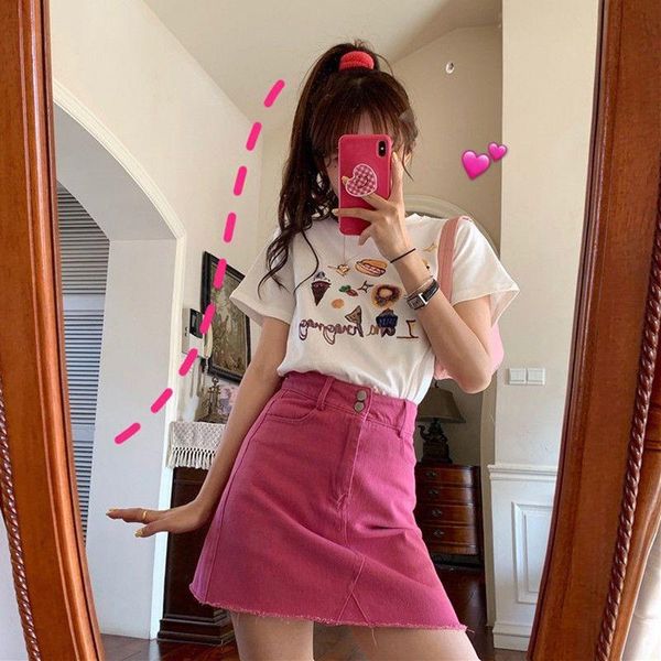 

european denim skirts female summer high a word skirt pockets hip show thin bright color, Black