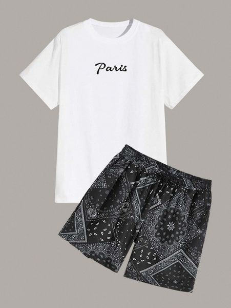 

romwe guys letter tee & paisley drawstring shorts j6th#, Gray