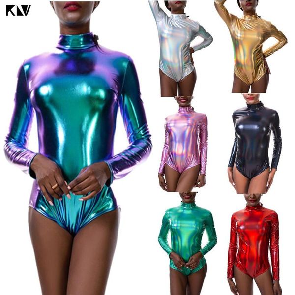 

women glitter metallic holographic one piece leotard mock turtleneck long sleeve bodysuit zip back faux leather rave clubwear women's j, Black;white
