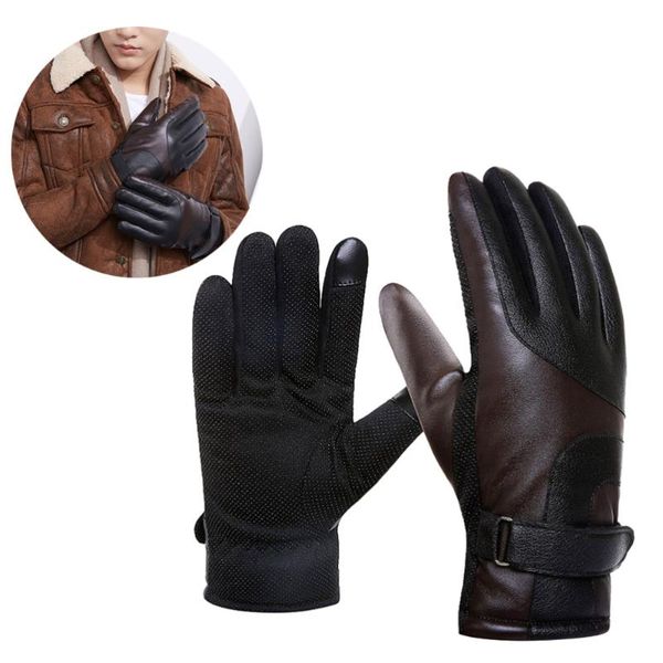 

ski gloves leather thicken warm anti-slip full cover screen touch for hiking camping cycling fishing (black)