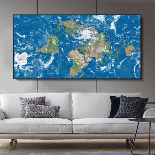 Mapa do mundo Poster Azul Impressões Pintura de lona Fotos de Arte para sala de estar Decoração interior decorativa Cuadros Mar Ocean