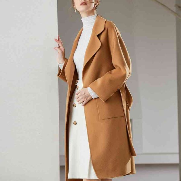 

women's trench coats autumn and winter fashion wool coat water ripple fabric long 9s8i, Tan;black