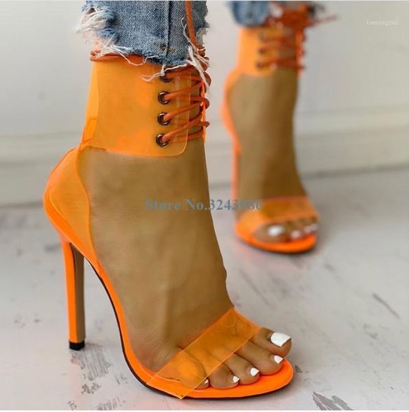 

transparent pvc ankle strap thin high heel sandals orange cross tied stiletto heels jelly shoes summer party women1, Black