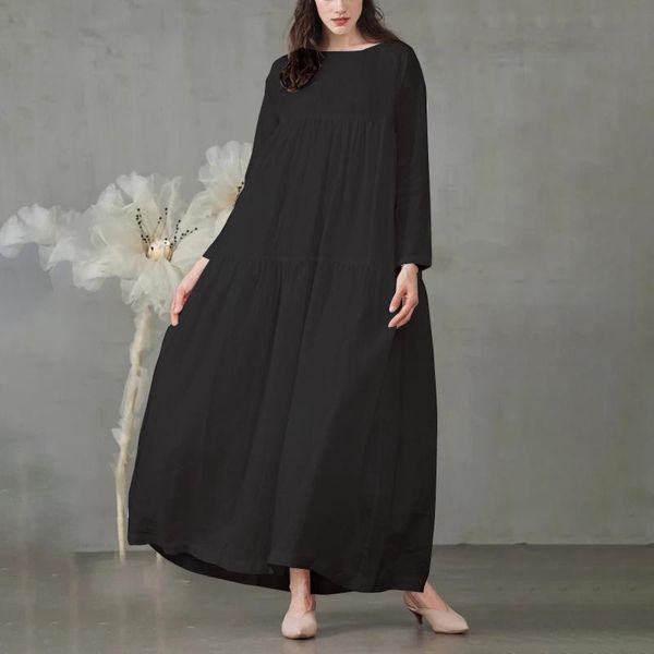

stylish solid ruffle dress women's spring sundress casual long sleeve maxi vestidos female o neck robe oversized 5xl dresses, Black;gray