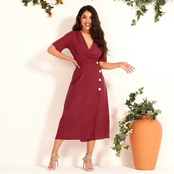 

casual dresses 2021 summer women red fashion v-neck side buckle x-shaped slim-fitted print elegant short sleeve office lady es biv, Black;gray