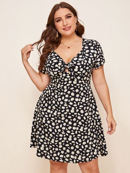 

plus floral print knot front a-line dress g1aj#, Black