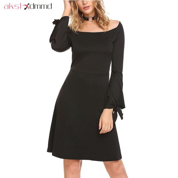 

casual dresses akslxdmmd black women 2021 spring and summer plus size o-neck long-sleeve bow a-line dress vestidos lh1400, Black;gray