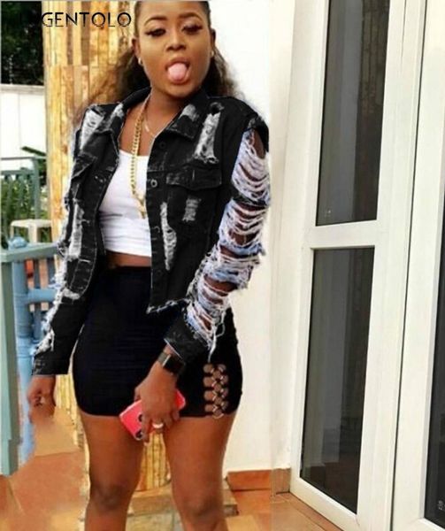 

lugentolo women jacket short slim casual denim coat hole ripped long sleeve single-breasted female fashion jackets women's, Black;brown