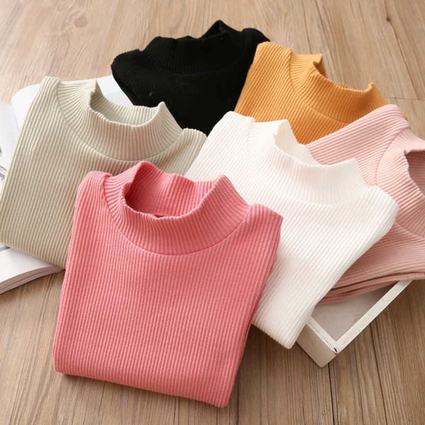 

autumn winter 2 3 4 6 8 10 year child long sleeve solid color high neck turtleneck basic cotton t-shirt for kids baby girls 210529, Blue