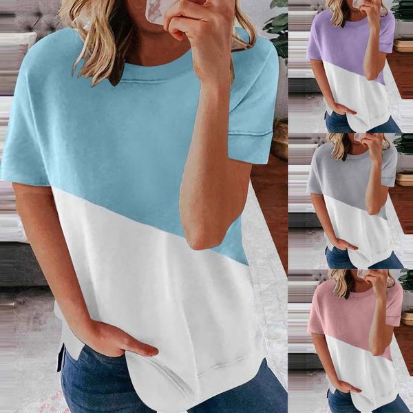 

women's t-shirt 2021 stitching short-sleeved round neck casual, White
