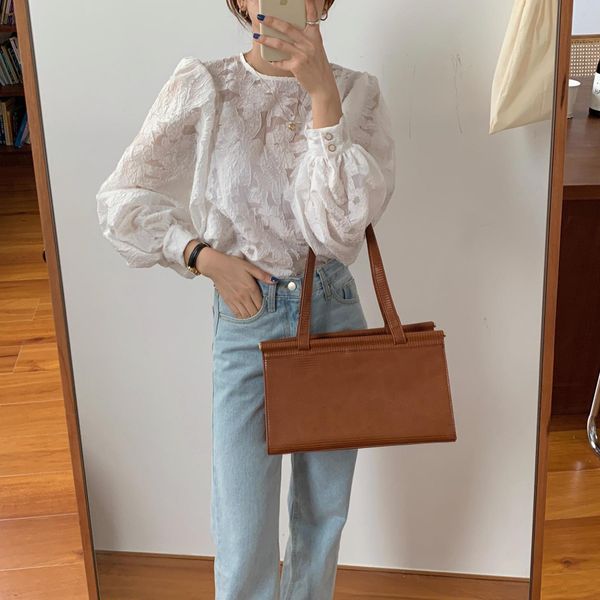 

vintage women shirt long lantern sleeve white autumn korean style streetwear lady regular loose sweet blouses femme