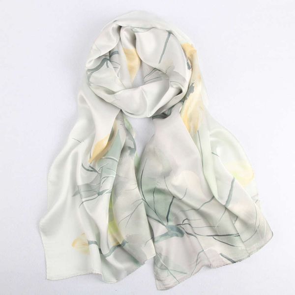 

wrap digital inkjet printing plain silk crepe satin scarf versatile women's shawl light painting lotus, Blue;gray