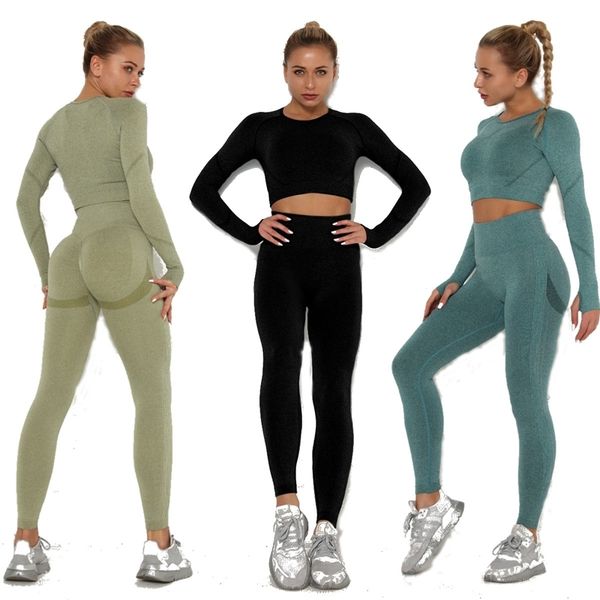 

2021 women seamless yoga set squat proof high waist gym leggings shirts suit long sleeve fitness workout sports sets, Black;white