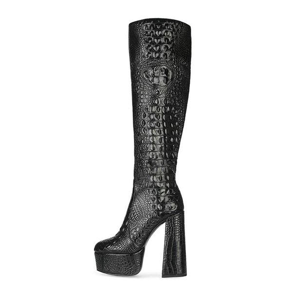 

boots thick heel knee length large women's graffiti shoes high leather, Black