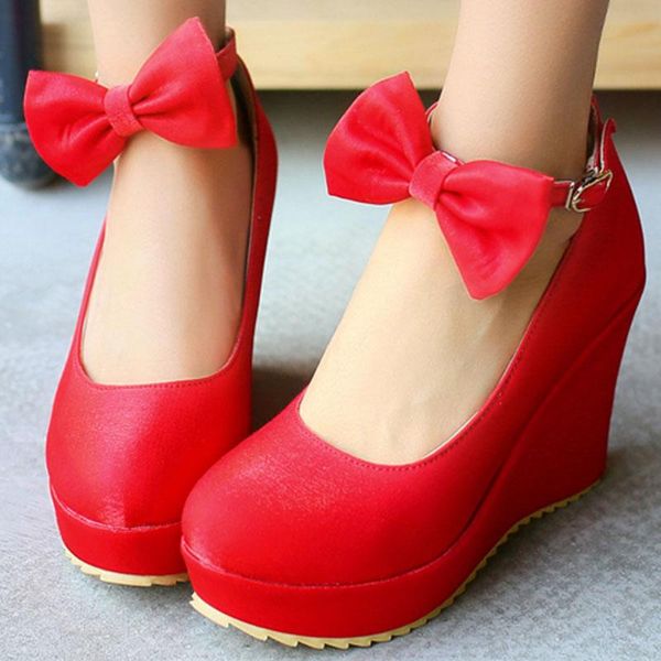 

dress shoes red black silvery spring pumps women super high wedges heels woman plus big size solid silk buckle butterfly 46