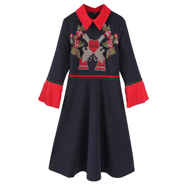 

navy blue turn down collar flare sleeve 3/4 embroidery mini short dress autumn d 210514, Black;gray
