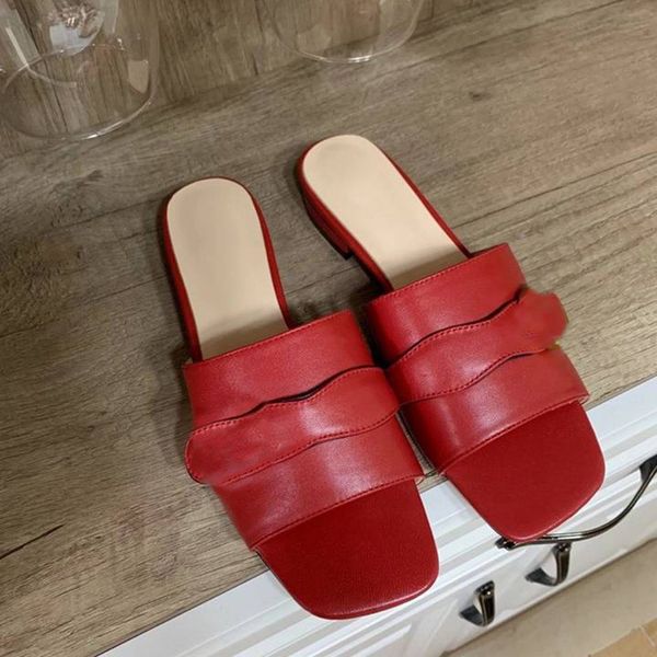 

fashion designer women slippers 1cm thick heel square toe real leather metal buckle ladies flip flops size 35-42, Black