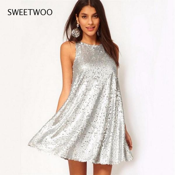 

women sequin dress vintage swing sleeveless 1920s evening party dresses female clubwear mini silver shiny casual, Black;gray