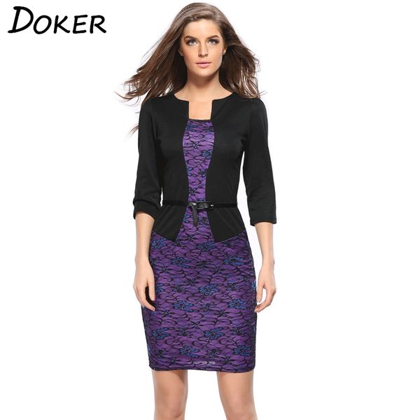 

spring new office dress round neck three quarter sleeve slim print plus size false two clothes women casual dress 210423, Black;gray
