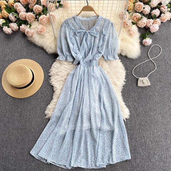 

french vestidos women's summer dress fashion lace bow tie puff sleeves slim floral chiffon midi with wooden ears gk781 210506, Black;gray