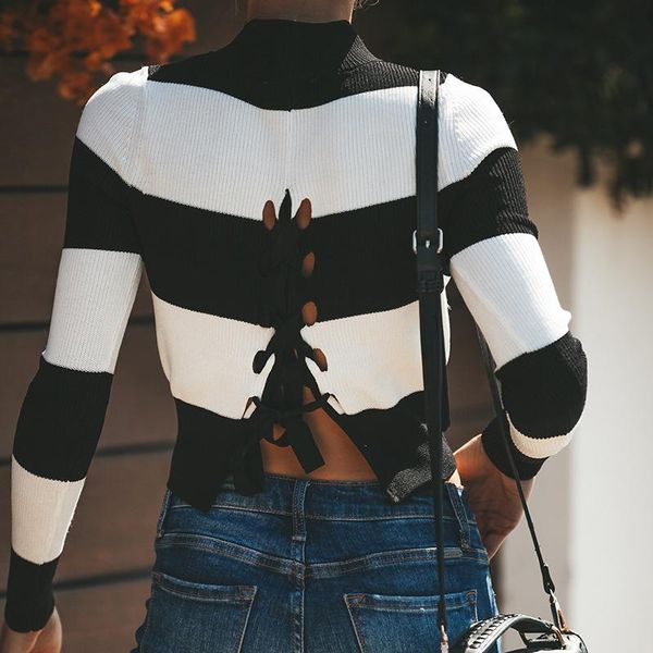 

women's sweaters hollow out bow long sleeve women pullovers 2021 autumn patchwork striped fashion sweater knitwear slim female's c, White;black