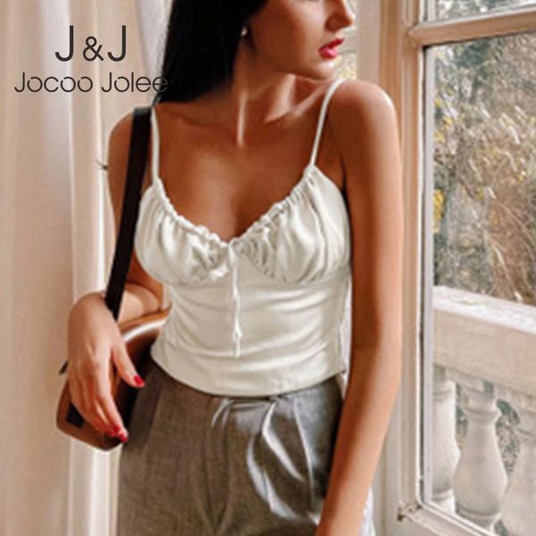 Jocoo Jolee Sexy женщины Slim Camis для женщин элегантные атласные шнурки шнуровки V шеи белые черные стрижки бак туника 210518