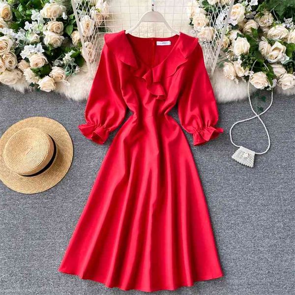 

lady fashion retro autumn and winter v collar high waist thin solid color dress women elegant clothing vestidos p768 210527, Black;gray