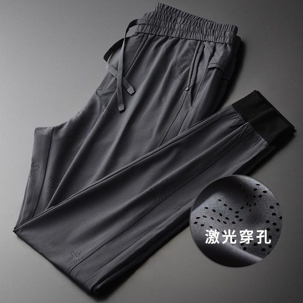 

men's pants light casual summer fashion gray hollow out breathable silk sports, Black