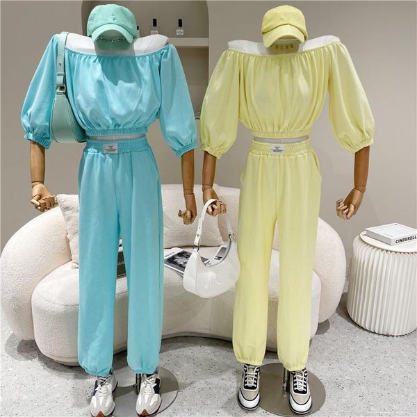 

two piece set women's spring summer 2021 fashion style short boat neck + high waist casual leggings pants, White