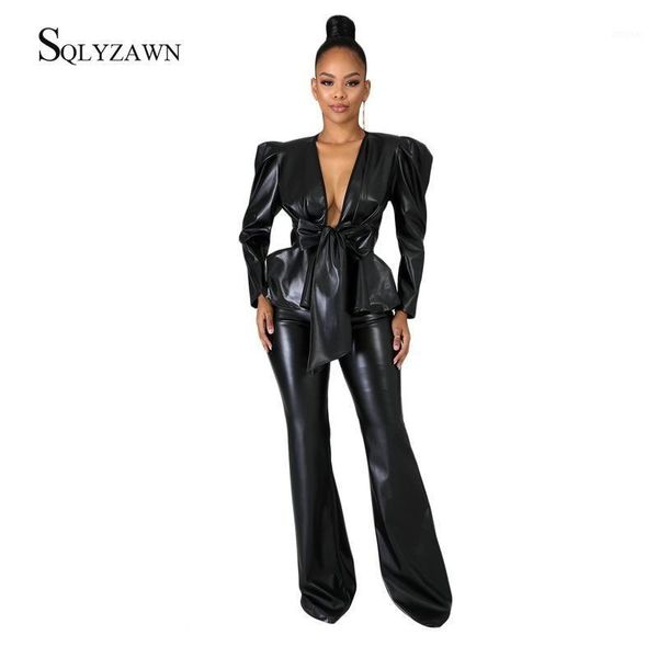 

two piece dress pu leather matching 2 set puff sleeve ruffle lace up belt jacket + pants vintage black brown outfit plus size 2xl, White