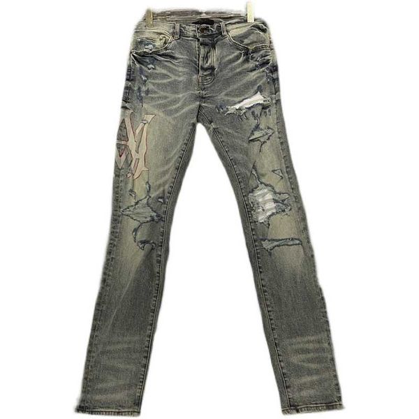 Jeans masculinos na moda marca nova lavada desgastada luz danificada azul grande buraco jeans slim encaixar as calças de mendigo