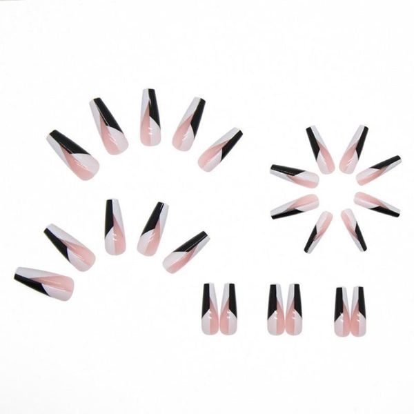 

false nails long coffin press on 24pcs stick for women artificial glue fake with black white pattern nail, Red;gold