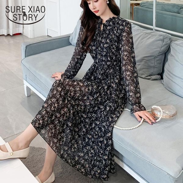 

casual dresses robe femme 2021 spring stand collar long flare sleeve women dress mid-calf vintage floral print chiffon straight 8210 50, Black;gray