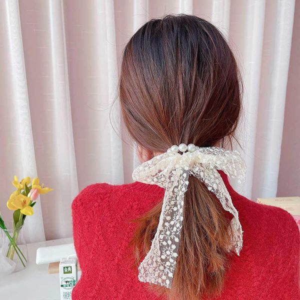 

hair accessories sweet and lovely bow circle simple temperament pearl headband korean lace embroidered rope headdress, Slivery;white