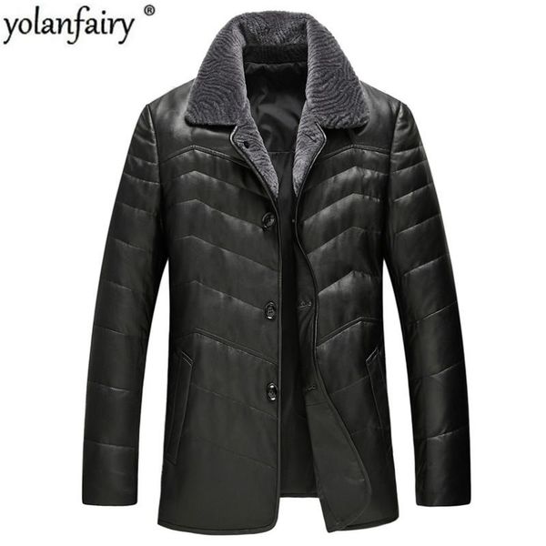 

men's leather & faux genuine jacket winter men real wool fur collar sheepskin coat warm down jackets manteau gsj8328b my1802, Black