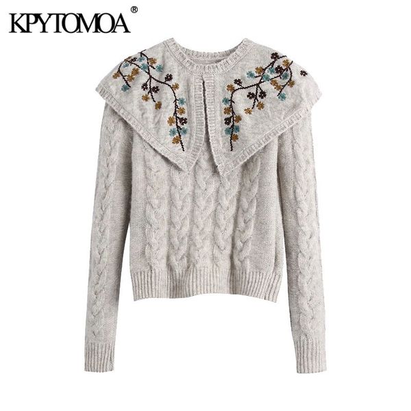 

women fashion embroidered cropped knitted sweater vintage peter pan collar long sleeve female pullovers chic 210416, White;black