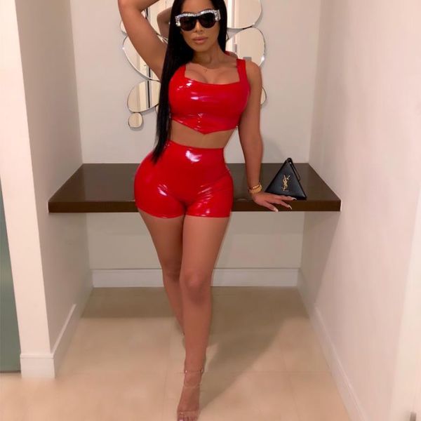 

pu leather clubwer bodycon 2 piece set for women summer 2021 sleeveless crop and shorts sets 2piece outfits women's tracksuits, Gray