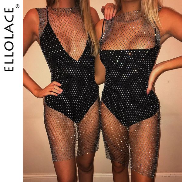 

2021bikini cover up crystal diamond bodycon dress women hollow out mini dress fishnet mesh beach dress party vestidos, Black;white