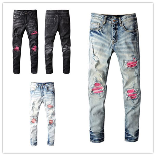 Plus Size W40 Jeans da uomo Famous Brand 2022SS Washed Pink Wrinkles Patch Designer Slim-leg Jean Slim Light Weight Stretch Denim Skinny Black Blue Pants