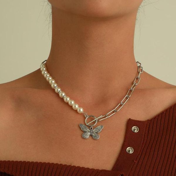 

pendant necklaces kpop toggle clasp imitation pearl choker necklace 2021 sweet butterfly for women girl collier de perles, Silver