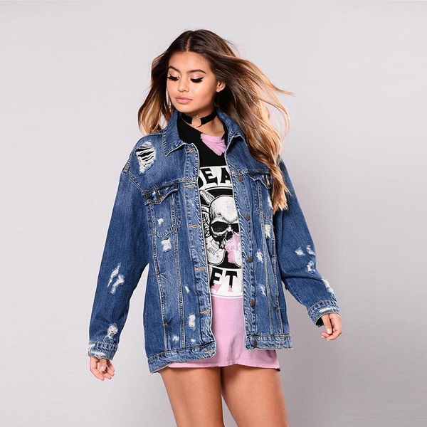 

autumn women's ripped jeans jackets street fashion long sleeve hole single breasted loose denim coat and, Black;brown